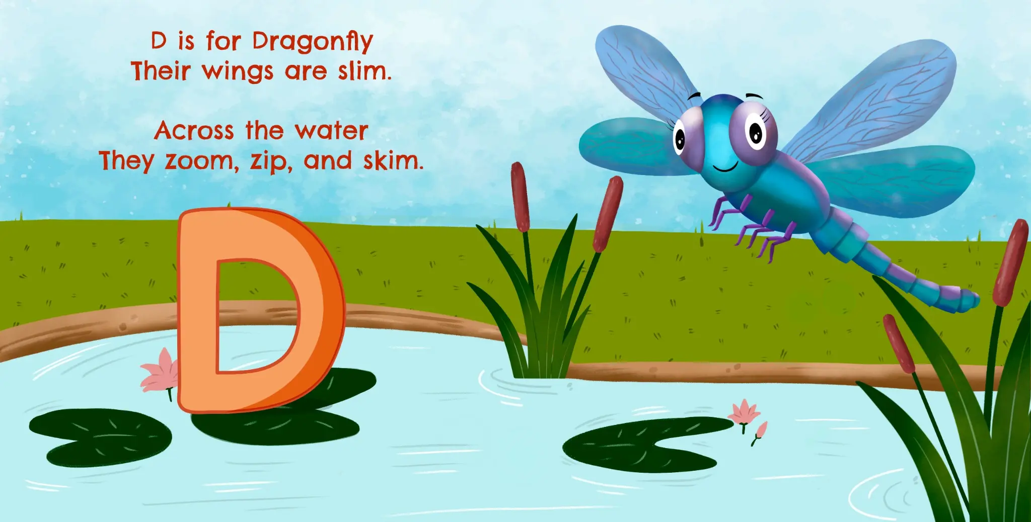 D is for Dragonfly illustrated activity-book page