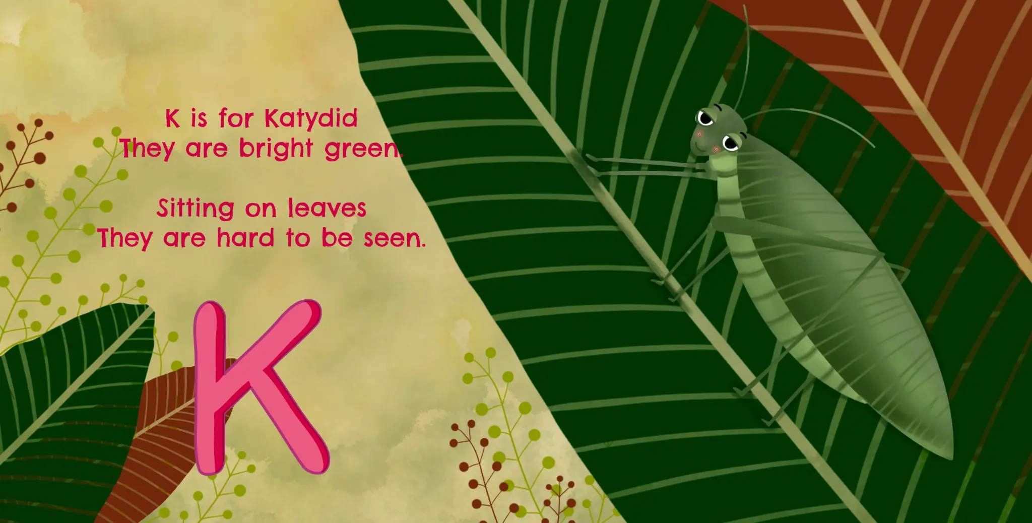 K is for Katydid illustrated activity-book page